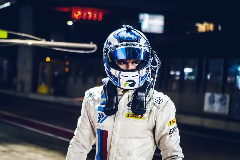 Jamie Vandenbalck — With helmet, BMW race suit